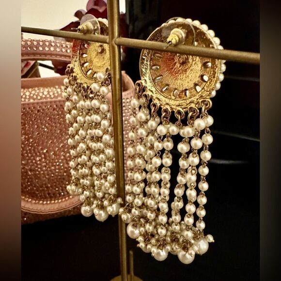 FARWAH ALI KUNDAN PAKISTANI INDIAN PEARL GOLD BRIDAL LARGE EARRINGS - Picture 5 of 5